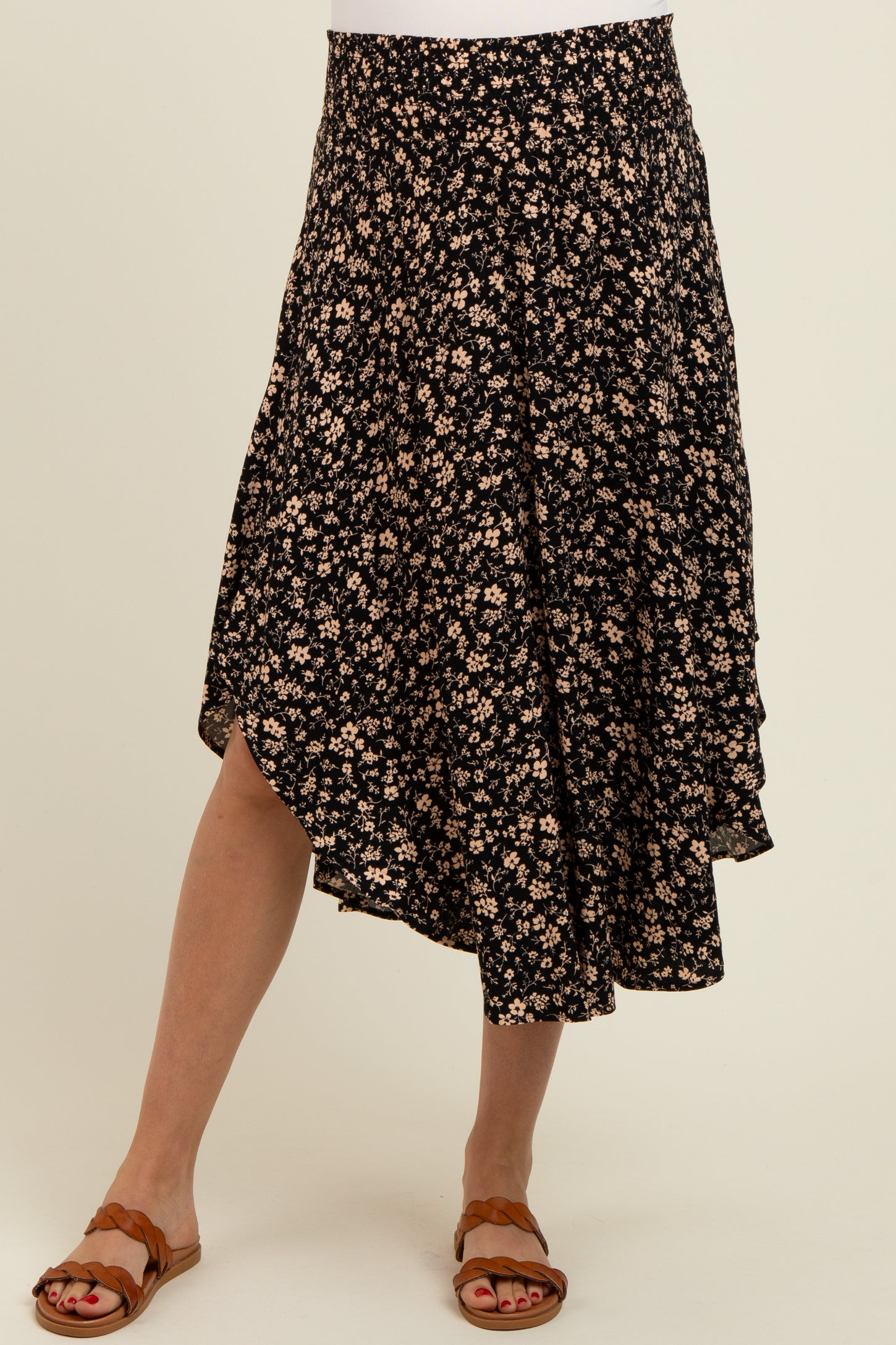 Black Floral Smocked Waist Maternity Skirt
