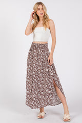 Brown Floral Smocked Waist Side Slit Skirt