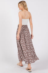 Brown Floral Smocked Waist Side Slit Skirt