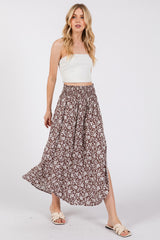 Brown Floral Smocked Waist Side Slit Skirt