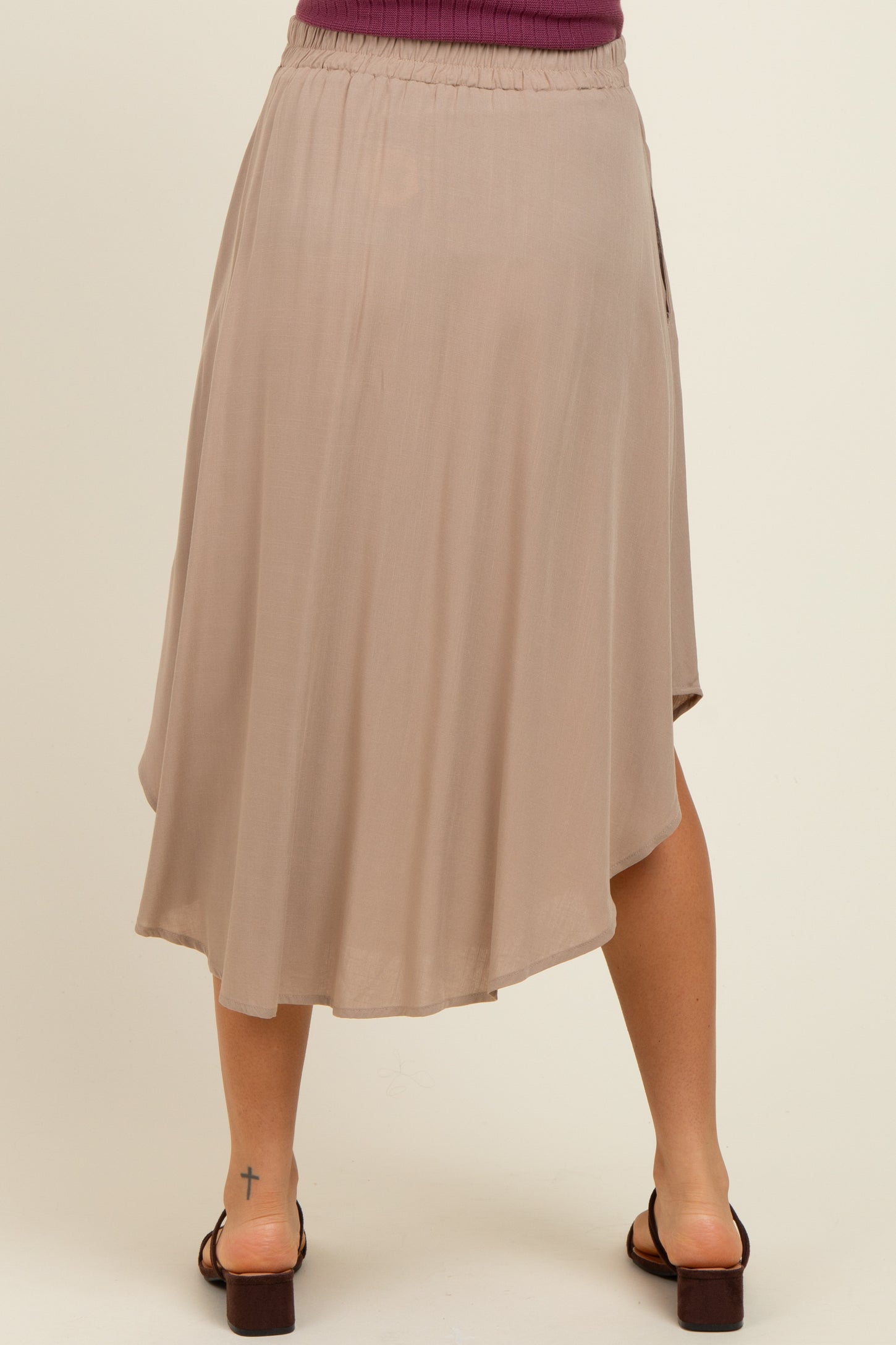 Beige Button Accent Round Hem Maternity Midi Skirt