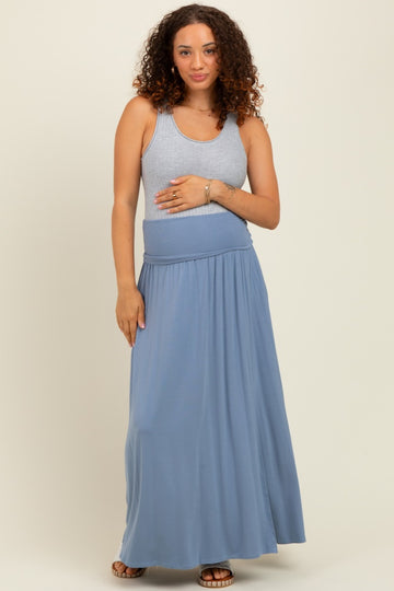 Light Blue Foldover Waist Side Slit Maternity Maxi Skirt