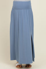 Light Blue Foldover Waist Side Slit Maternity Maxi Skirt