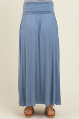 Light Blue Foldover Waist Side Slit Maternity Maxi Skirt
