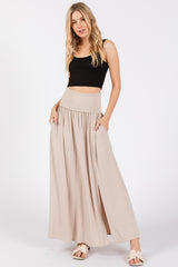 Beige Foldover Waist Side Slit Maxi Skirt