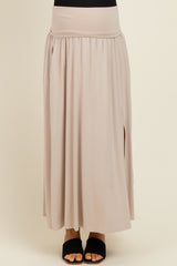 Beige Foldover Waist Side Slit Maternity Maxi Skirt