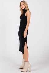 Black Knit Turtleneck Sleeveless Side Slit Midi Dress
