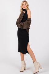 Black Knit Turtleneck Sleeveless Side Slit Midi Dress