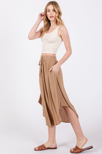 Beige Button Accent Round Hem Skirt