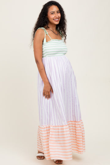 Lavender Multi-Color Striped Color Block Shoulder Tie Maternity Maxi Dress