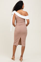 Beige Colorblock One Shoulder Draped Maternity Midi Dress
