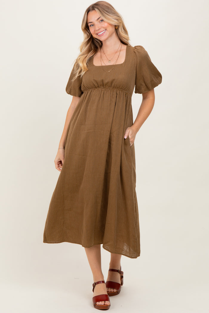 Camel Ribbed Puff Sleeve Tie Back Maternity Midi Dress