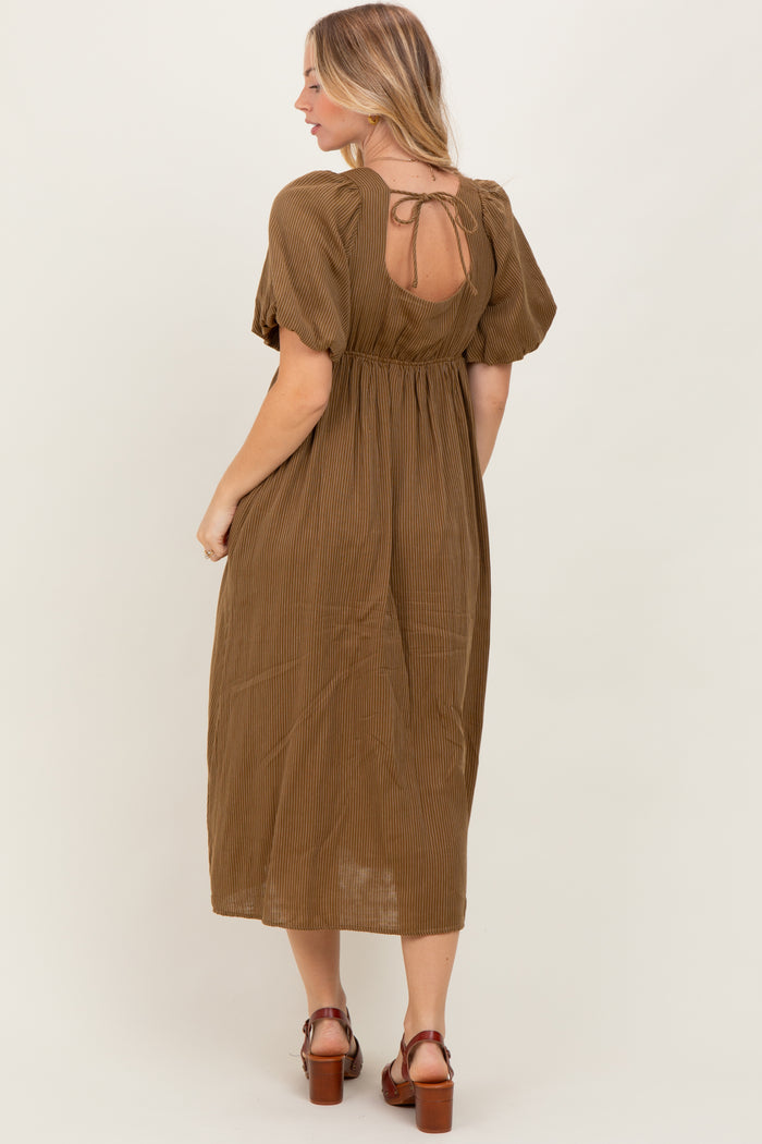 Camel Ribbed Puff Sleeve Tie Back Midi Dress