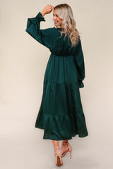 Hunter Green Solid V-Neck Satin Long Sleeve Maxi Dress