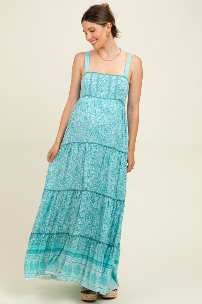 Aqua Border Print Sleeveless Maternity Maxi Dress