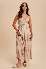 Beige Swiss Dot Smocked Sleeveless Maternity Maxi Dress