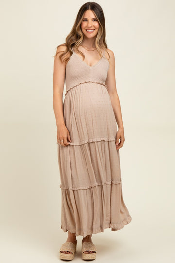 Beige Swiss Dot Smocked Sleeveless Maternity Maxi Dress
