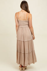 Beige Swiss Dot Smocked Sleeveless Maternity Maxi Dress