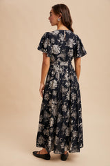 Black Multi Floral Flutter Sleeve Maxi Dress