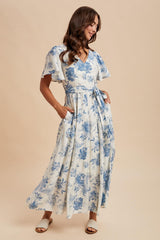 Ivory Multi Floral Flutter Sleeve Maternity Maxi Dress