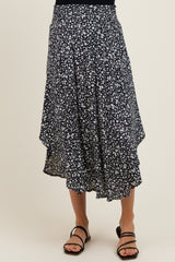 Black Floral Smocked Waist Round Hem Maternity Midi Skirt