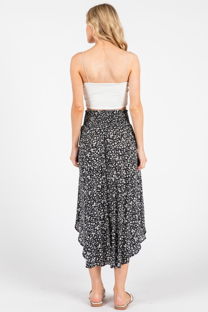 Black Floral Smocked Waist Round Hem Midi Skirt