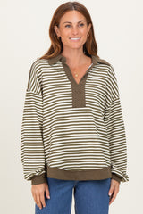Olive Striped Oversized Collared Pullover Top