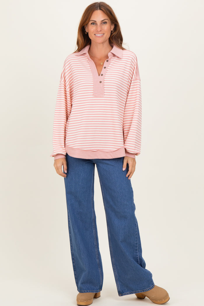 Mauve Striped Oversized Collared Pullover Top