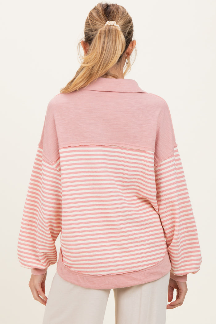 Mauve Striped Oversized Collared Pullover Maternity Top