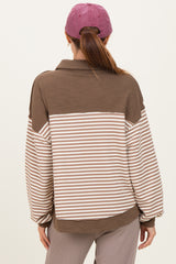 Mocha Striped Oversized Collared Pullover Top
