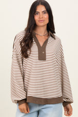 Mocha Striped Oversized Collared Pullover Top