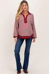 Burgundy Striped Oversized Collared Pullover Maternity Top