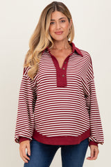 Burgundy Striped Oversized Collared Pullover Maternity Top