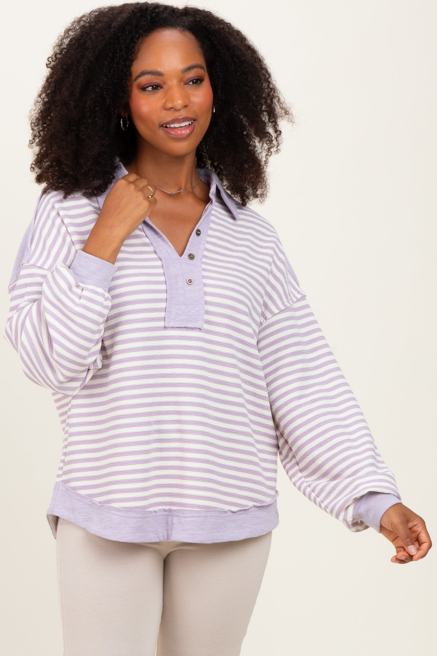Lavender Striped Oversized Collared Pullover Top