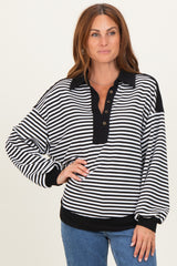 Black Striped Oversized Collared Pullover Top