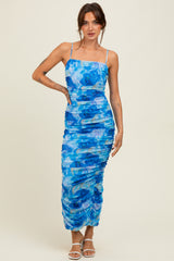 Blue Rose Floral Mesh Sleeveless Ruched Maternity Dress