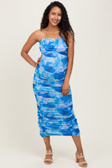 Blue Rose Floral Mesh Sleeveless Ruched Maternity Dress
