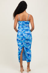 Blue Rose Floral Mesh Sleeveless Ruched Maternity Dress