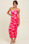 Fuchsia Rose Floral Mesh Sleeveless Ruched Dress