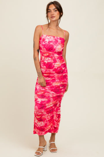 Fuchsia Rose Floral Mesh Sleeveless Ruched Dress
