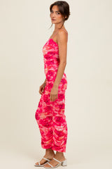 Fuchsia Rose Floral Mesh Sleeveless Ruched Dress