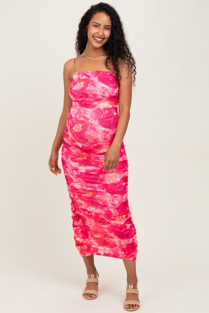 Fuchsia Rose Floral Mesh Sleeveless Ruched Maternity Dress