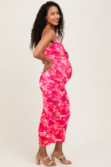 Fuchsia Rose Floral Mesh Sleeveless Ruched Maternity Dress