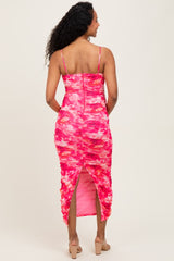 Fuchsia Rose Floral Mesh Sleeveless Ruched Maternity Dress