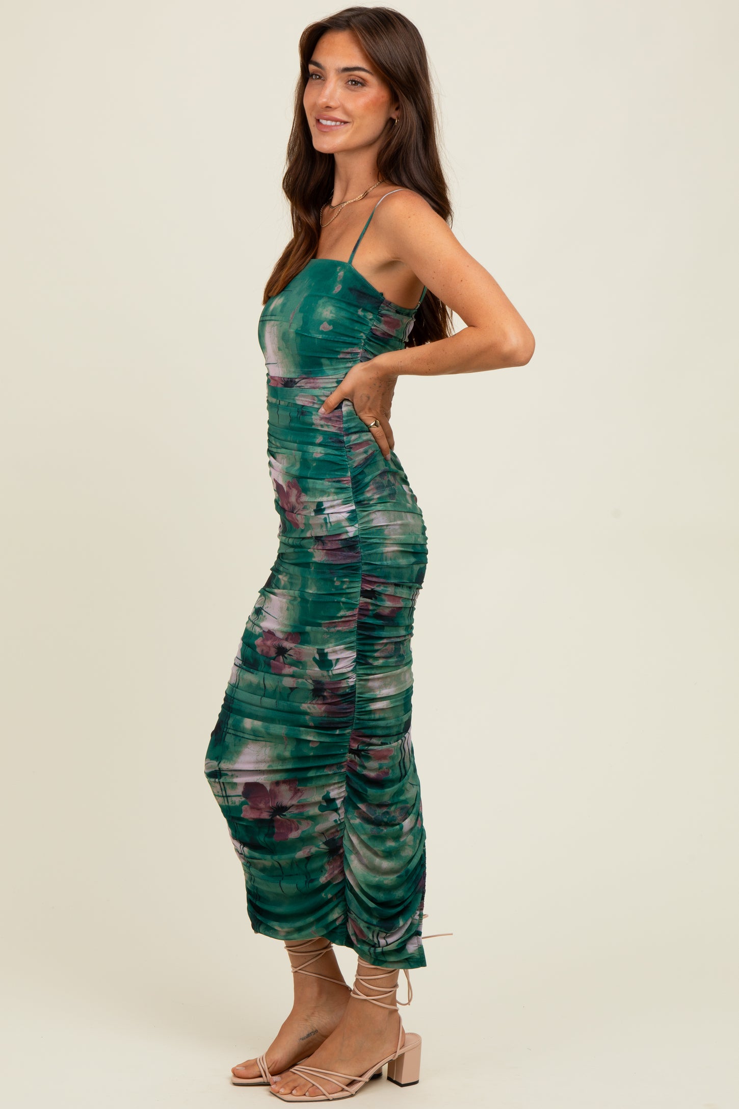 Forest Green Floral Mesh Ruched Sleeveless Midi Dress