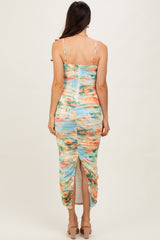 Green Watercolor Floral Mesh Ruched Sleeveless Dress