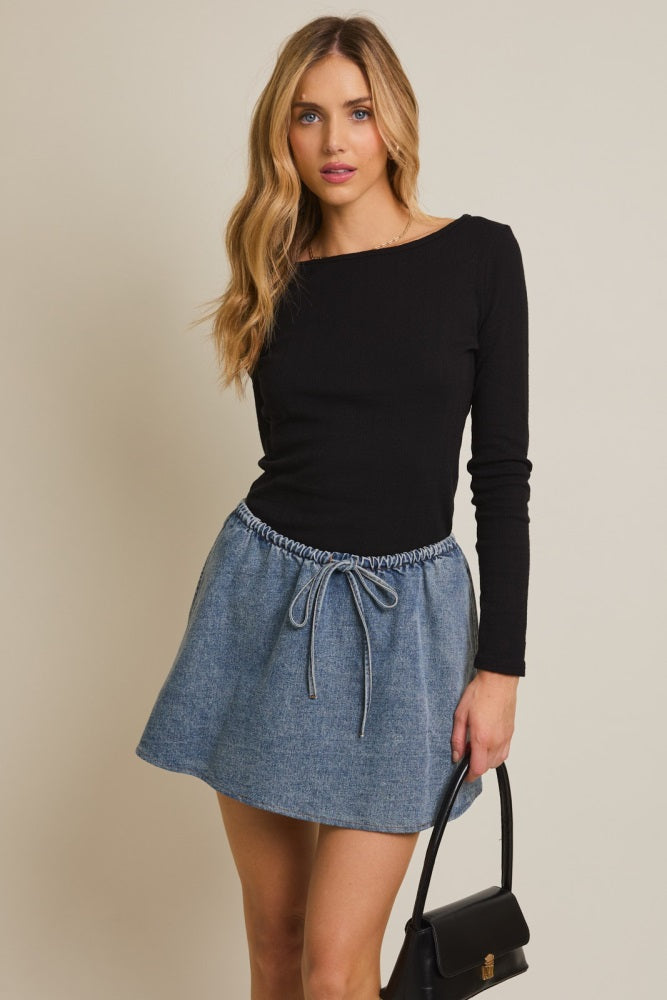 Black Boat Neck Long Sleeve Top