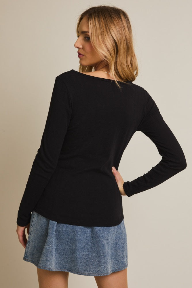 Black Boat Neck Long Sleeve Top