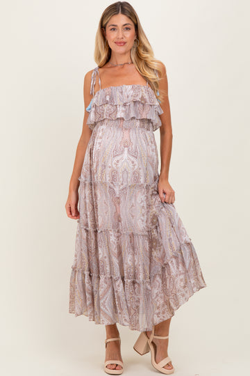Beige Paisley Ruffle Tiered Shoulder Tie Maternity Maxi Dress