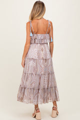 Beige Paisley Ruffle Tiered Shoulder Tie Maternity Maxi Dress